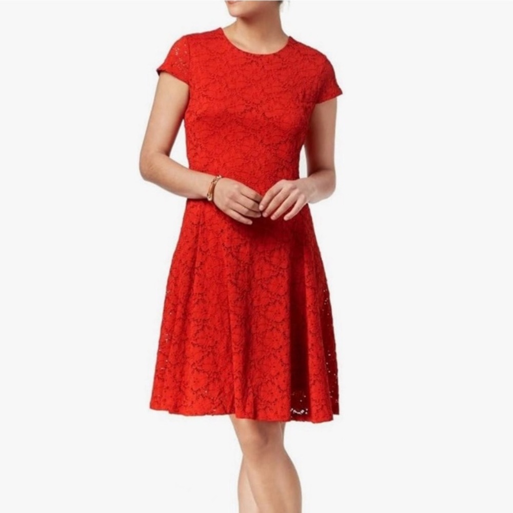 Alfani || red A-line lace midi dress